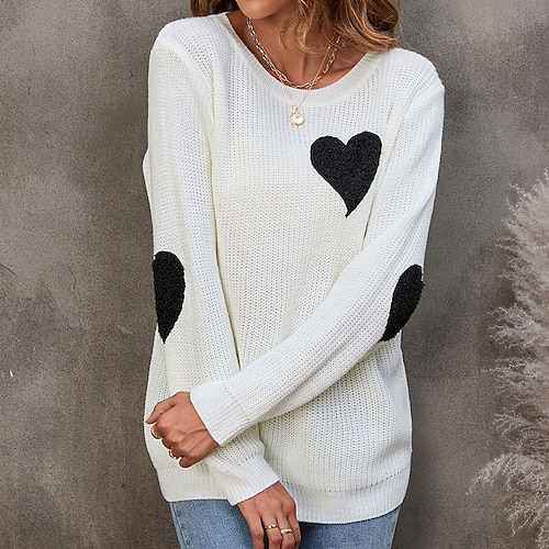 

Women's Pullover Sweater jumper Jumper Ribbed Knit Tunic Knitted Print Heart Crew Neck Stylish Casual Outdoor Daily Winter Fall Beige S M L / Cotton / Long Sleeve / Cotton / Holiday / Regular Fit