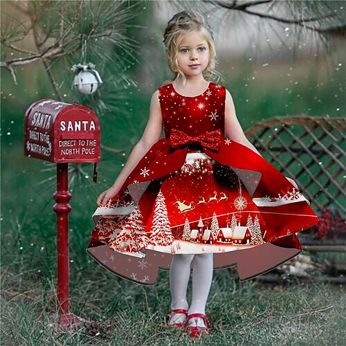 

Kids Girls' Christmas Party Dress Christmas Tree Snowflake A Line Dress Christmas Gifts Ruffle Crewneck Wine Knee-length Sleeveless Elegant Beautiful Dresses Christmas Winter Fall 2-13 Years