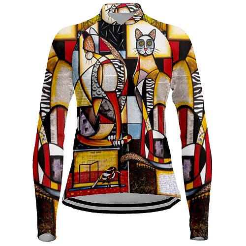 

21Grams Women's Cycling Jersey Long Sleeve Bike Jersey Top with 3 Rear Pockets Mountain Bike MTB Road Bike Cycling Breathable Quick Dry Moisture Wicking Reflective Strips Yellow Cat Spandex Sports