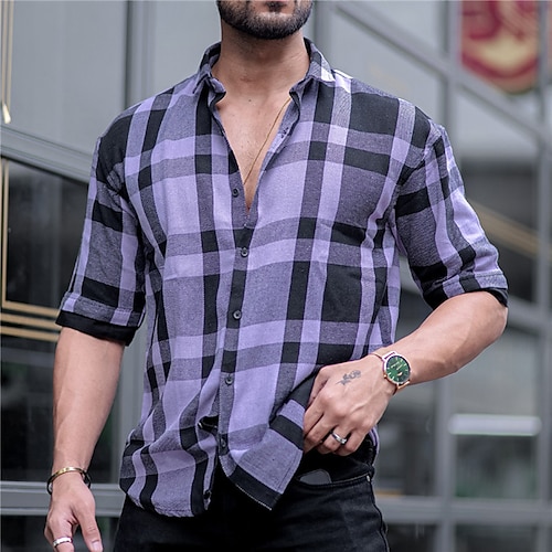 

Men's Shirt Plaid Turndown Purple 3D Print Outdoor Street Short Sleeves Button-Down Print Clothing Apparel Fashion Designer Casual Breathable / Summer