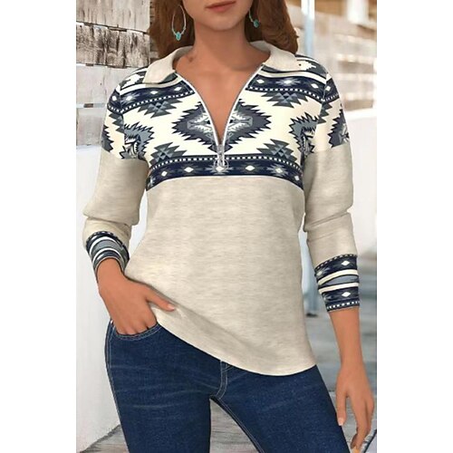 

Women's Sweatshirt Vintage Ethnic Zipper Light Grey Graphic Geometric Tribal Home V Neck Long Sleeve S M L XL 2XL 3XL