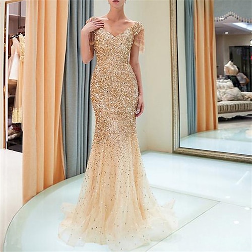 

Women's Party Dress Sequin Dress Sheath Dress Long Dress Maxi Dress Gold Short Sleeve Pure Color Sequins Winter Fall Autumn V Neck Party Evening Party Slim 2022 S M L XL