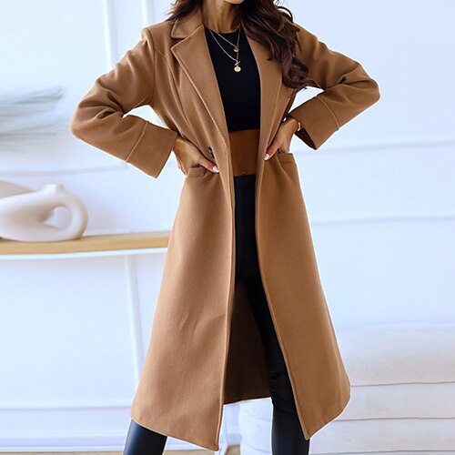 

Women's Winter Coat Windproof Warm Outdoor Work Street Daily Button Pocket Double Breasted Turndown OL Style Elegant Modern Street Style Solid Color Regular Fit Outerwear Long Sleeve Winter Fall