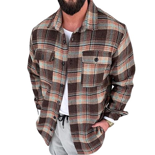 

Men's Coat With Pockets Daily Wear Vacation Going out Single Breasted Turndown Streetwear Casual Daily Outdoor Jacket Outerwear Plaid Print Khaki