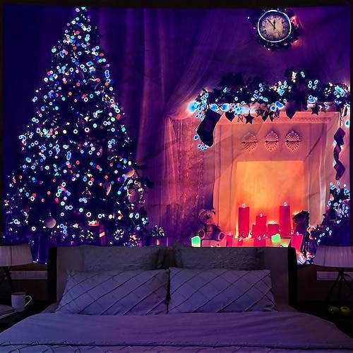 

Christmas Blacklight UV Reactive Tapestry Photography Background Tree Snowman Stocking Tapestry Dormitory Living Room Art Decoration Gift Hanging Cloth