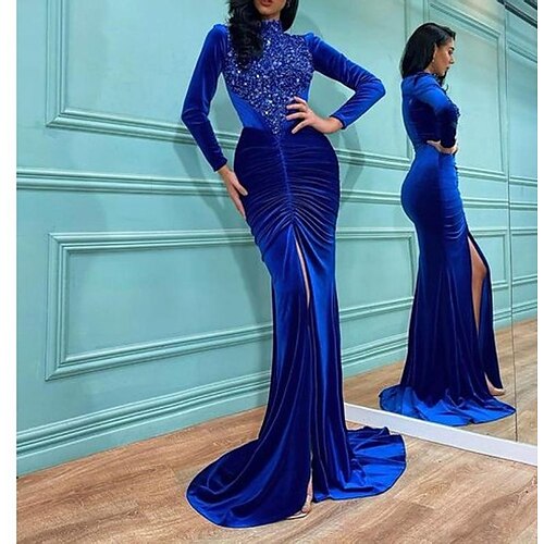 

Mermaid / Trumpet Evening Gown Sparkle & Shine Dress Formal Sweep / Brush Train Long Sleeve High Neck Velvet with Ruched Sequin Slit 2022