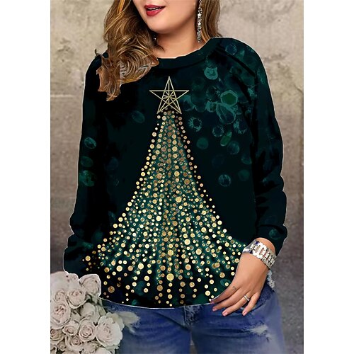 

Women's Plus Size Christmas Tops Pullover Sweatshirt Graphic Tree Long Sleeve Crewneck Streetwear Daily Polyester Winter Fall Green Blue