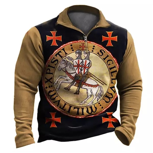 

Men's Zip Up Sweatshirt Pullover Quarter Zipper Sweatshirt Brown Half Zip Knights Templar Graphic Prints Zipper Print Daily Sports 3D Print Basic Designer Casual Spring & Fall Clothing Apparel Knight