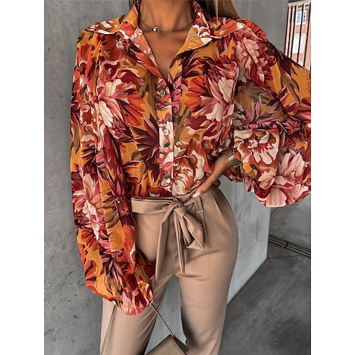 

Damen Hemd Bluse Orange Blumen Tasche Bedruckt Langarm Arbeit Casual Elegant Hemdkragen Lockere Passform Laternenärmel S