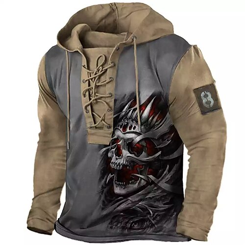 

Men's Pullover Hoodie Sweatshirt Pullover Gray Hooded Color Block Skull Graphic Prints Lace up Print Casual Daily Sports 3D Print Basic Streetwear Designer Spring & Fall Clothing Apparel Hoodies