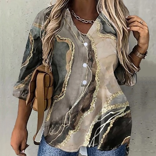 

Women's Plus Size Tops Blouse Shirt Striped Color Block Button Print Long Sleeve V Neck Streetwear Daily Vacation Cotton Fall Spring khaki