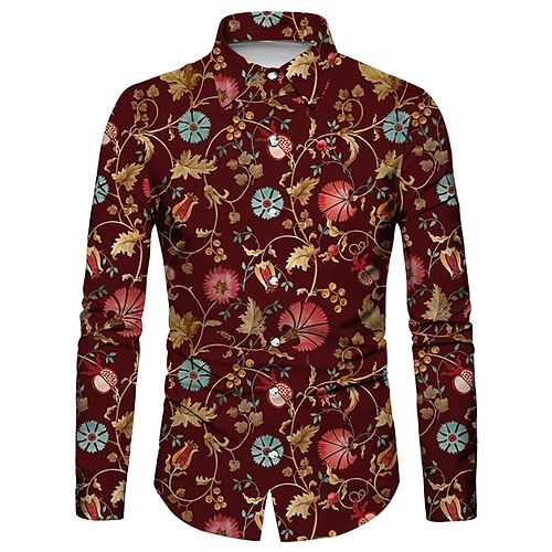 

Men's Shirt Floral Graphic Prints Turndown Wine 3D Print Outdoor Street Long Sleeve Button-Down Print Clothing Apparel Fashion Designer Casual Breathable