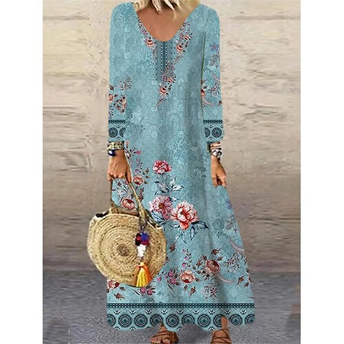 

Women's Casual Dress Shift Dress Long Dress Maxi Dress Blue Dusty Blue Long Sleeve Floral Print Winter Fall Autumn V Neck Winter Dress Weekend Fall Dress 2022 XS S M L XL 2XL 3XL 4XL 5XL 6XL