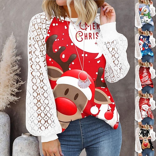 

Women's Blouse Lace Christmas pattern Regular Winter Blue snowman Red christmas tree Red snowman Red Lost Deer dark blue santa