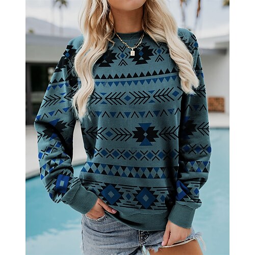 

Women's Sweatshirt Casual Light Green Khaki Gray Geometric Casual Round Neck Long Sleeve S M L XL 2XL 3XL