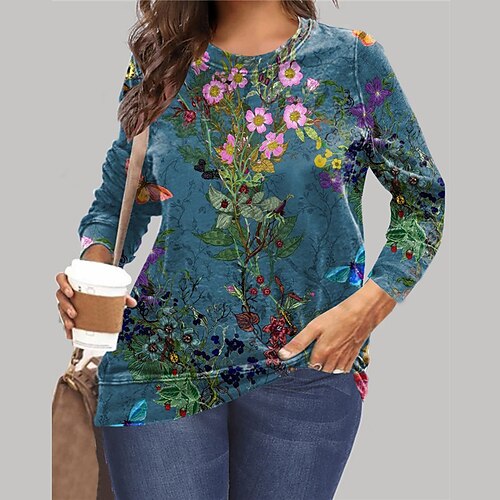 

Mulheres Plus Size Blusas Moletom Floral Imprimir Manga Longa Crewneck Roupa de rua Diário Férias Microfibra Inverno Outono Verde Roxo / Tamanho Grande