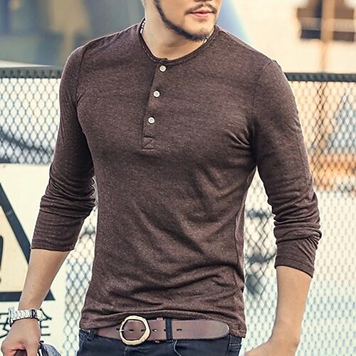 

Men's Henley Shirt Tee Solid Color Henley Wine Light gray Black Sports WorkWear Long Sleeve Button-Down Clothing Apparel Fashion Streetwear Casual