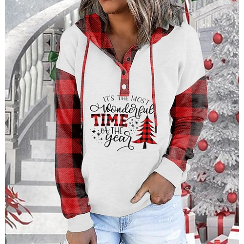 

Women's Front Pocket Graphic Plaid Streetwear Hoodie Green Red White