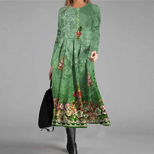 

Women's Casual Dress Swing Dress Midi Dress Green Yellow Red Brown Black Long Sleeve Floral Pocket Print Winter Fall Vacation Casual Fall Dress 2022 S M L XL XXL 3XL / Winter Dress