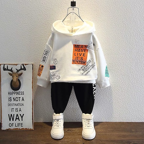 

2 Pieces Kids Boys Hoodie & Pants Clothing Set Outfit Letter Long Sleeve Cotton Set Outdoor Fashion Casual Winter Fall 7-13 Years Black White