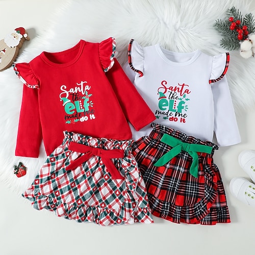 

2 Pieces Toddler Girls' Ugly Christmas Plaid Clothing Set Set Long Sleeve Fashion Christmas Gifts Cotton 3-7 Years Winter Red White