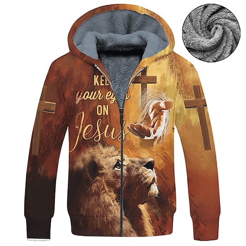 

Men's Fleece Jacket Full Zip Hoodie Fleece Hoodie Sherpa Jacket Brown Hooded Lion Knights Templar Graphic Prints Zipper Print Sports & Outdoor Daily Sports 3D Print Fleece Streetwear Designer Casual