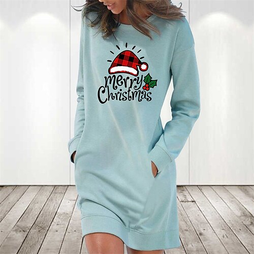 

Women's Christmas Hoodie Dress Winter Dress Light Blue Grey White Long Sleeve Letter hat Pocket Print Winter Fall Crew Neck Stylish Casual Fall Dress Loose Fit 2022 S M L XL 2XL / Cotton