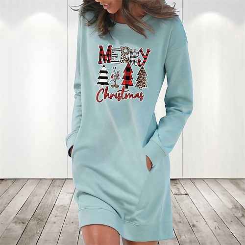 

Women's Christmas Hoodie Dress Winter Dress Light Blue Grey White Long Sleeve Letter Tree Pocket Print Winter Fall Crew Neck Stylish Casual Fall Dress Loose Fit 2022 S M L XL 2XL / Cotton