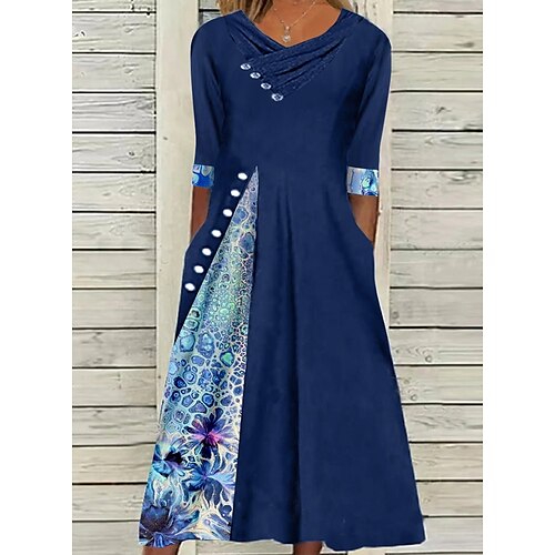 

Women's Swing Dress Print Dress Midi Dress Blue Half Sleeve Print Print Fall Winter V Neck Casual Modern 2022 S M L XL 2XL 3XL
