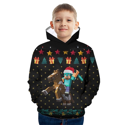 

Kids Boys Ugly Christmas Hoodie Pullover Graphic Cartoon Long Sleeve Pocket Children Top Outdoor Hoodie Active Fashion Black Winter 7-13 Years Fall Spring