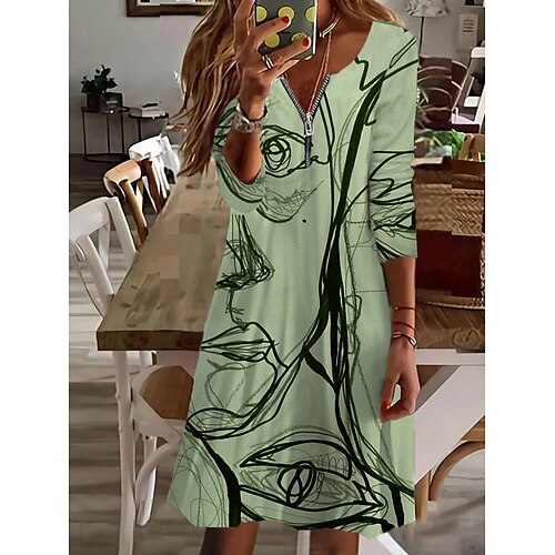 

Women's Casual Dress Blue Purple Light Green Long Sleeve Abstract Zipper Winter Fall Crew Neck Winter Dress Fall Dress 2022 S M L XL 2XL 3XL 4XL 5XL 6XL