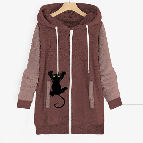 

Women's Plus Size Teddy Coat Winter Coat Pocket Print Animal Cat Outdoor Causal Long Sleeve Hoodie Regular Winter Fall Green Pink Light Gray L XL XXL 3XL 4XL