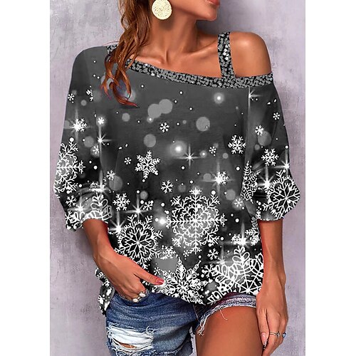 

Women's Shirt Blue Red Gray Snowflake Print Long Sleeve Christmas Weekend Streetwear Casual One Shoulder Regular S