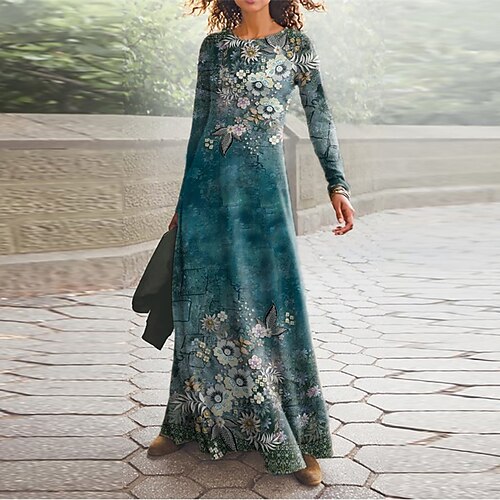 

Women's Casual Dress Swing Dress Long Dress Maxi Dress Blue Long Sleeve Floral Pocket Print Winter Fall V Neck Vacation Casual Fall Dress 2022 S M L XL XXL 3XL / Winter Dress