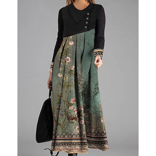 

Women's Casual Dress Swing Dress Maxi long Dress Dark Green Long Sleeve Floral Ruched Button Print Fall Winter V Neck Stylish Casual 2022 S M L XL XXL 3XL
