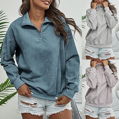 

Women's Hoodie Zipper Solid / Plain Color Basic Shirt Collar Standard Winter Denim Blue Pink Light Grey