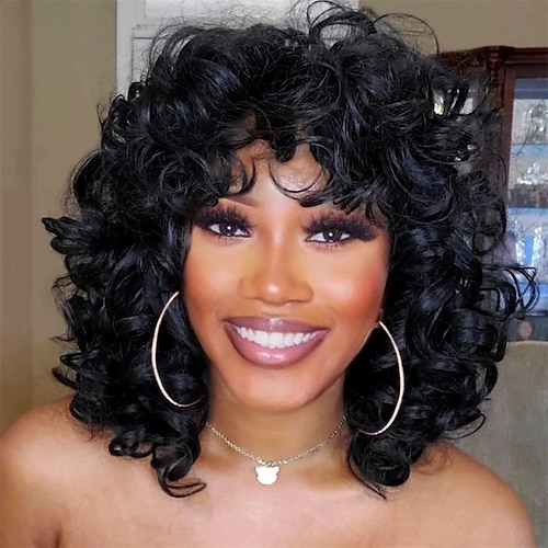 

Short Curly Wigs for Black Women Soft Black Big Curly Wig with Bangs Afro Kinky Curls Heat Resistant Natural Looking Synthetic Wig for African American Women