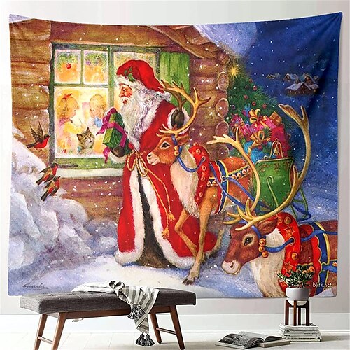 

Christmas Party Wall Tapestry Photography Background Holiday Art Decor Blanket Hanging Home Bedroom Living Room Decoration Santa Claus Tree Snowman Elk Snowflake Candle Gift Fireplace