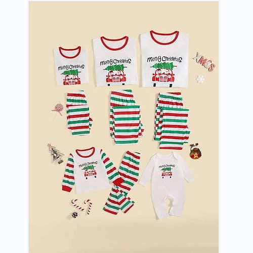 

Family Look Christmas Pajamas Letter Striped Home White Long Sleeve Basic Matching Outfits