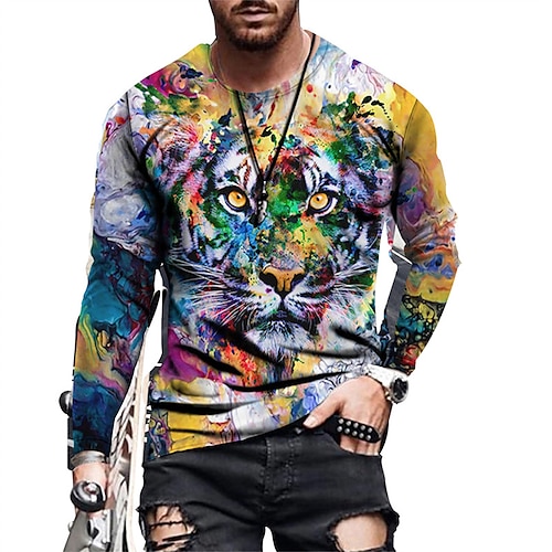 

Men's T shirt Tee Lion Graphic Prints Crew Neck Yellow Red 3D Print World Cup Outdoor Street Long Sleeve Print Clothing Apparel Basic Sports Designer Casual