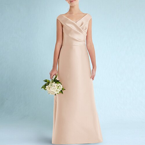 

A-Line Floor Length V Neck Satin Junior Bridesmaid Dresses&Gowns With Draping Wedding Party Dresses 4-16 Year