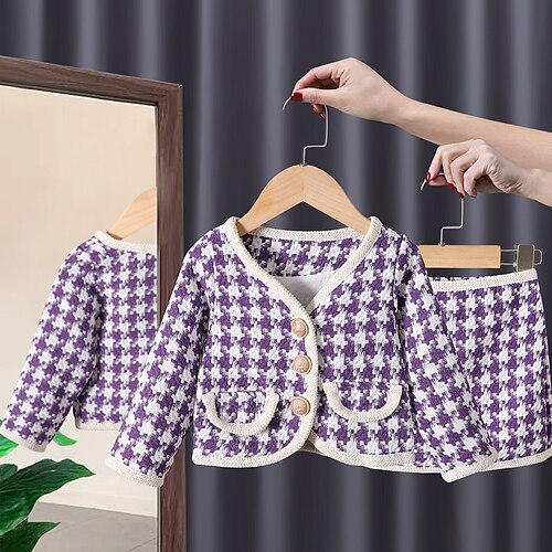 

2 Pieces Kids Girls' SkirtSet Clothing Set Outfit Plaid Long Sleeve Cotton Set Vacation Fashion Sweet Winter Fall 2-6 Years Green Black Purple