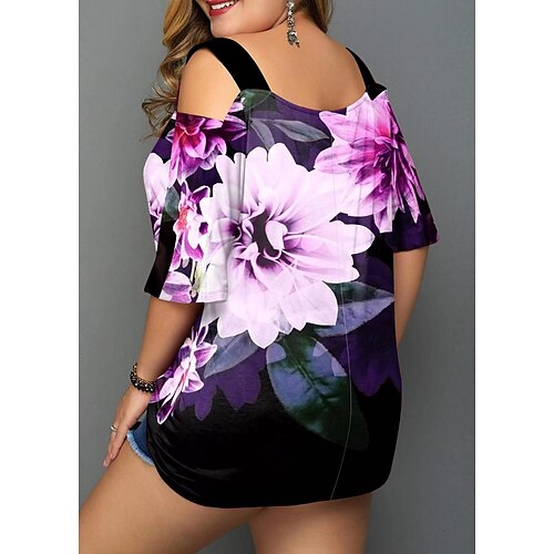 

Women's Plus Size Tops T shirt Tee Floral Print Short Sleeve One Shoulder Basic Vacation Festival Cotton Spandex Jersey Spring Summer Pink Black