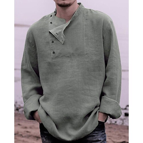 

Men's Shirt Solid Color Stand Collar Green Street Daily Long Sleeve Button-Down Clothing Apparel Simple Casual Comfortable