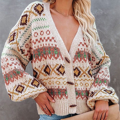 

Women's Cardigan Sweater Jumper Ribbed Knit Button Knitted Geometric V Neck Ethnic Style Vintage Style Outdoor Daily Winter Fall Pink Beige S M L / Long Sleeve / Holiday / Casual / Regular Fit