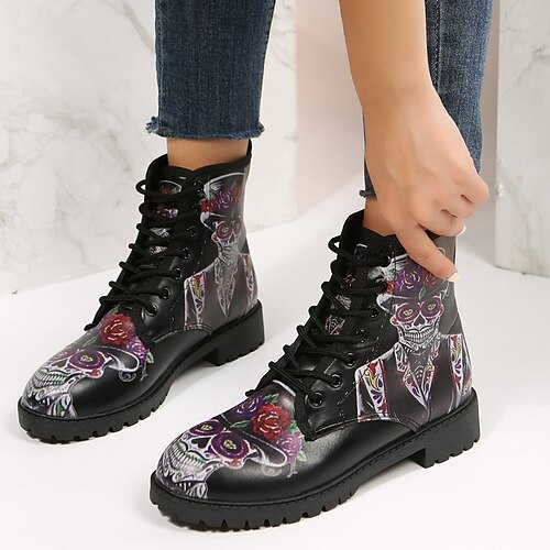 

Women's Boots Combat Boots Plus Size Daily Booties Ankle Boots Winter Chunky Heel Round Toe Casual PU Leather Lace-up Black