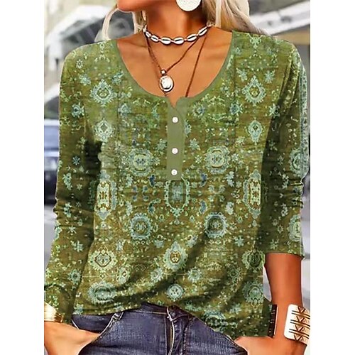 

Women's T shirt Tee Red Blue Green Floral Print Long Sleeve Casual Holiday Vintage Beach Round Neck Regular S