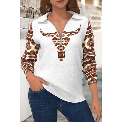 

Women's Sweatshirt Vintage Ethnic Zipper Beige Geometric Tribal Home V Neck Long Sleeve S M L XL 2XL 3XL