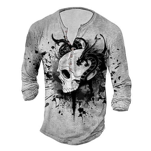 

Men's T shirt Tee Henley Shirt Tee Graphic Skull Henley Light gray Dark Gray Gray 3D Print Outdoor Daily Long Sleeve Button-Down Print Clothing Apparel Basic Designer Classic Comfortable