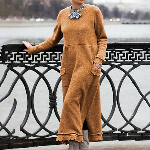 

Women's Casual Dress Black Dress Long Dress Maxi Dress Yellow Long Sleeve Pure Color Pocket Winter Fall Autumn Crew Neck Mature Winter Dress Weekend Fall Dress 2022 S M L XL XXL 3XL 4XL 5XL